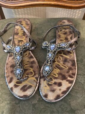 Sam Edelman Leopard-Print T-Strap Sandals w/ Smokey Blue & Crystal Accents, 11